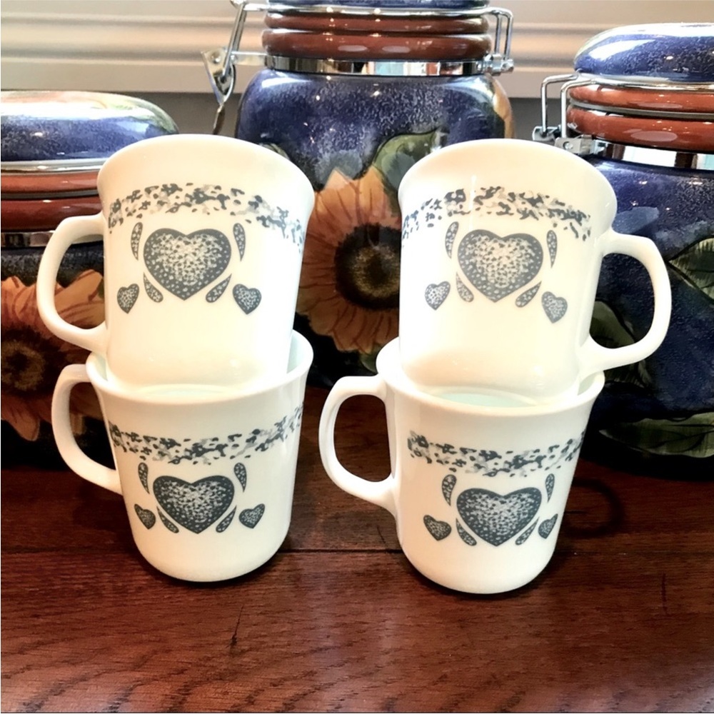 Corningware White Mugs with Blue Heart Pattern - Set of 4
